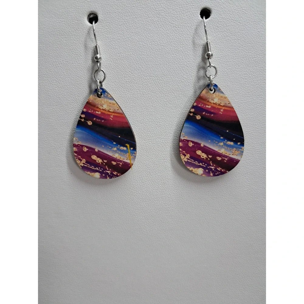 Abstract Teardrop Dangle‎ Earrings Purple Blue Gold Swirl Boho Artistic Jewelry